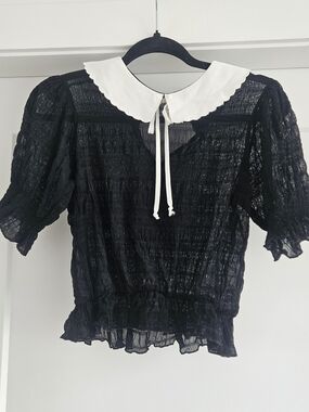 Black Sheer Peasant Blouse with White Scalloped Collar